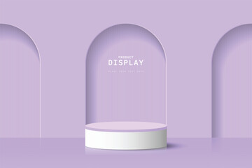 Obraz na płótnie Canvas White purple 3d cylinder podium pedestal realistic placed in front of three arch door background. Minimal scene for mockup or product presentation, showcase. 3d vector geometric form design.