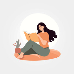 woman sitting reading a book, vector illustration