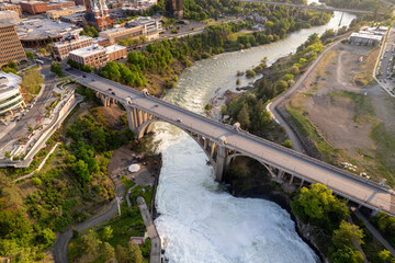 Aerial View of Spokane River flowing under the Monroe St Bridge in Spokane Washington