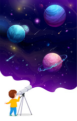 Young child with telescope. Cartoon space landscape on the sky. Vector scene with little boy observes cosmos, with planets, stars, and comets fill the view explore galaxy with wonder and amazement