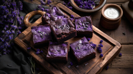 Fresh Ube Brownies on a Rustic Table