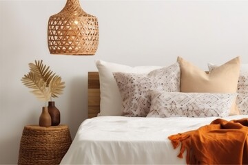 modern orange bed fall interior lamp pillow decor wood design home. Generative AI.