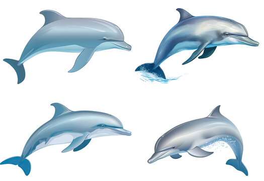 Cute blue cartoon dolphins in various characters set clipart icon isolated on clear background, bottlenose dolphin performance, with Generative Ai.