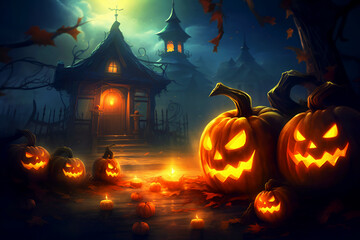 Monster pumpkins near house. Horrors and nightmares. Halloween background. Generative AI, illustration