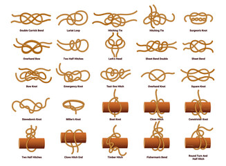 Sailing ship rope knots, nautical sailor tie and bow. Double carrick bend, lariat loop, hitching tie, surgeons and overhand bow, two half hitches, larks head, sheet bend double vector sailing knot set - obrazy, fototapety, plakaty