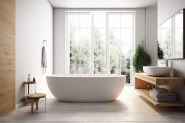 Obraz na płótnie Canvas luxury bathroom decor architecture white modern wood bathtub home house interior. Generative AI.