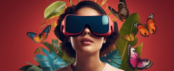 female woman future digital travel virtual vr technology glasses reality abstract. Generative AI.