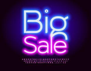 Vector glowing advertisement Big Sale. Pink Neon Alphabet Letters, Numbers and Symbols set. Electric light Font
