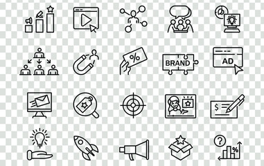 Business development strategy, advertising and distribution through influencers, icon set. Business and finance web icon set. Lines with editable stroke