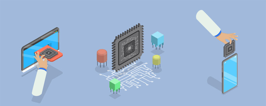 3D Isometric Flat Vector Conceptual Illustration of Microchip, Central Computer Processor