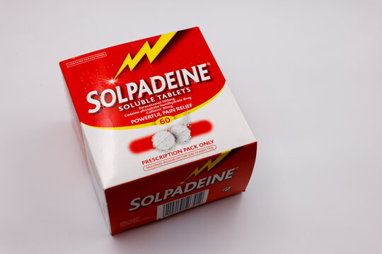 Box of Solpadeine, pain relief painkiller tablets, containing codeine and paracetamol. Prescription packet of soluble medicine than may be addictive.