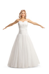 Fototapeta na wymiar Beautiful bride in a gown spreading arms