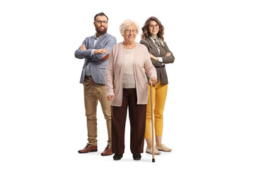 Elderly woman standing in front of a young man and woman