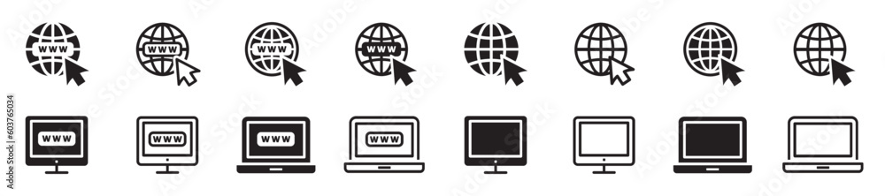 Poster set of website icons. www symbols, click to go to online website, mouse cursor, globe and computer. 