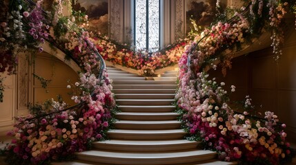 Fototapeta na wymiar Generative AI. Staircase decorated with flowers and petals 