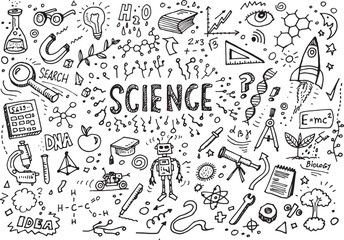 Science and education vector sketch, doodles illustration on white paper