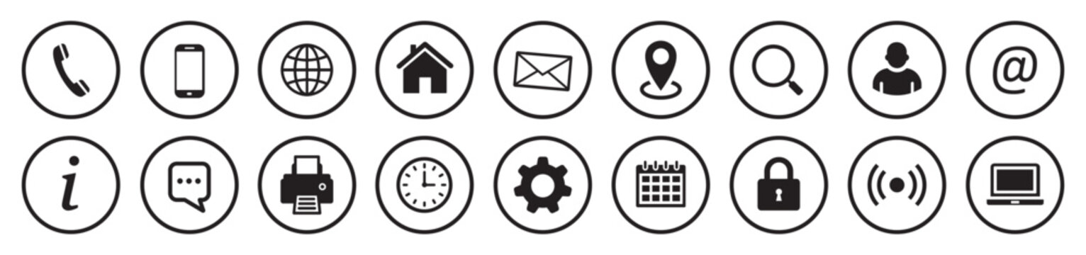 Set of contact icons. Contact Us – buttons. Web icons. Contact information, communication, business card. Vector illustration.