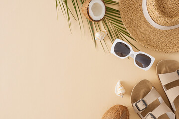 Summer getaway concept. Top view flat lay of stylish sunhat, flip-flops, sunglasses, coconut, seashells and palm leaves on light beige background with empty space for text