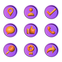 set 3D icons for web,  location sumbol, Telephone pipe icon, quality mark, orange icons, purple background