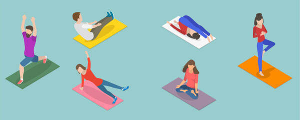3D Isometric Flat Vector Set of Fitness Scenes, Workout People