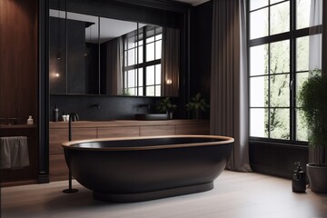 Fototapeta na wymiar modern marble home luxury bathroom interior bathtub black wood design furniture. Generative AI.