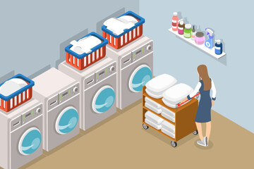 3D Isometric Flat Vector Conceptual Illustration of Hotel Laundry Staff, Cleaning Service