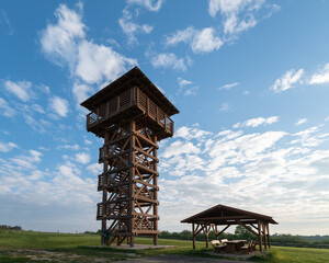 specticular wiev about the Apponyi lookout tower IN Belapat village hungary, cloudly blue sky,...