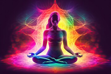 Colorful Illustration woman sitting in pose of lotus. Meditation on outer space background with glowing chakras
