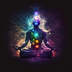 Colorful Illustration of a person sitting in pose of lotus. Meditation on outer space background with glowing chakras..AI Generated