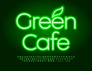 Vector Neon banner Green Cafe. Bright Electric Font. Modern Glowing Alphabet Letters and Numbers set