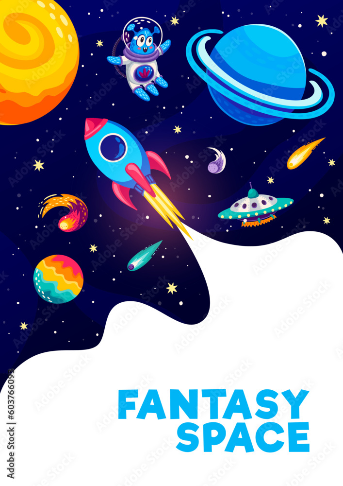 Poster cartoon space flyer with spaceship, alien and ufo in starry galaxy. space travel vector poster or ba