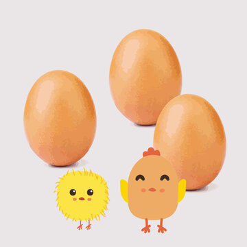 Chicken egg farm with perfectly shaped eggs, cute chicken cartoon characters,yellow body