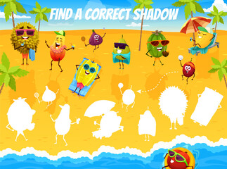 Naklejka premium Find a correct shadow of cartoon fruits characters on summer beach. Kid vector game worksheet with durian, papaya, figs, carambola or pear. Feijoa, plum and mellon relaxing on seaside preschool riddle
