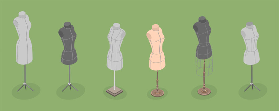 3D Isometric Flat Vector Set of Tailors Mannequins, Fashion Design and Dressmaking