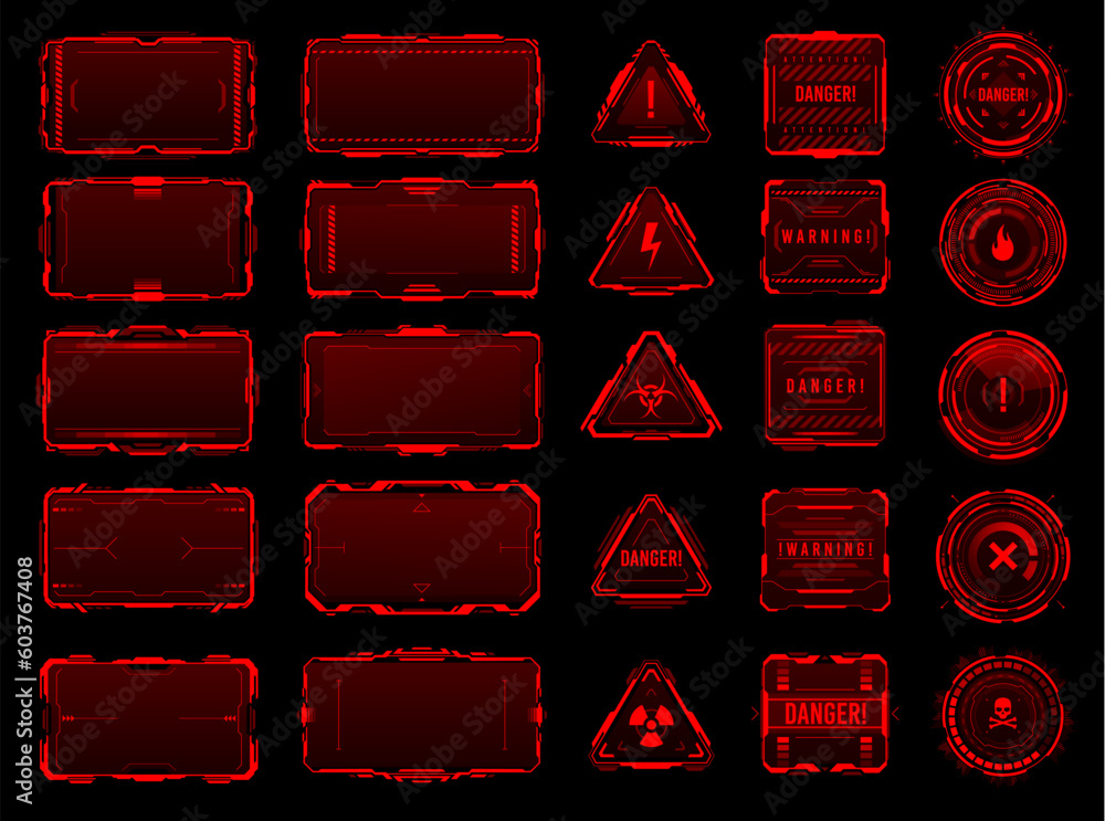 Leinwandbilder HUD red danger and warning interface frames. Sci-Fi user interface display or message vector frame. Future dashboard panel, electricity strike alert, contamination hazard, dangerous area warning sign