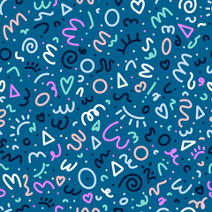 Colorful 90s seamless pattern. Squiggle kid background, doodle minimalistic wallpaper with basic forms and lines. Vector scribble backdrop