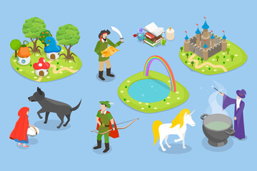 3D Isometric Flat Vector Set of Fairytale Characters and Items, Medieval Kingdom Objects Collection