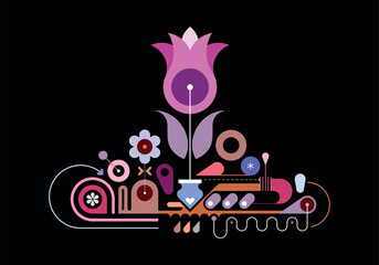 Colored design isolated on a black background Flower Factory vector illustration. Automatic flower processing machine.
