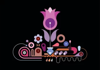 Schilderijen op glas Colored design isolated on a black background Flower Factory vector illustration. Automatic flower processing machine. ©  danjazzia