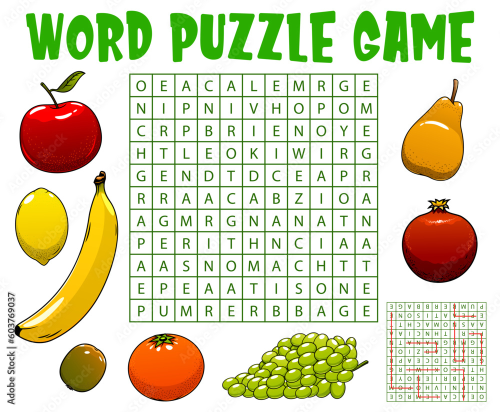 Poster raw farm fruits, word search puzzle game worksheet, vector kids quiz grid. search and find word ridd