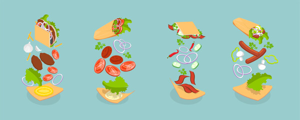 3D Isometric Flat Vector Set of Shawarmas, Middle Eastern Food