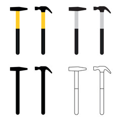 Two hammers icon set on white background. Colored cartoon black  monochrome outline vector illustration.