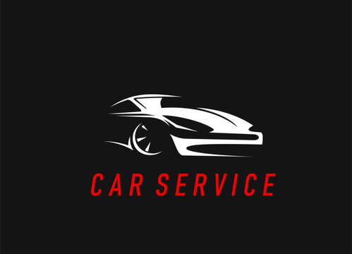 Car repair mechanic and maintenance service icon. Vehicle mechanic, automobile service or restoration garage station, spare parts store vector icon or symbol with modern sport car white silhouette