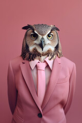 an anthropomorphic owl wearing a pink suit, shirt and tie hyperrealistic on a pink background, piercing gaze, reflects sharp intuition, successful decision making,Generative AI