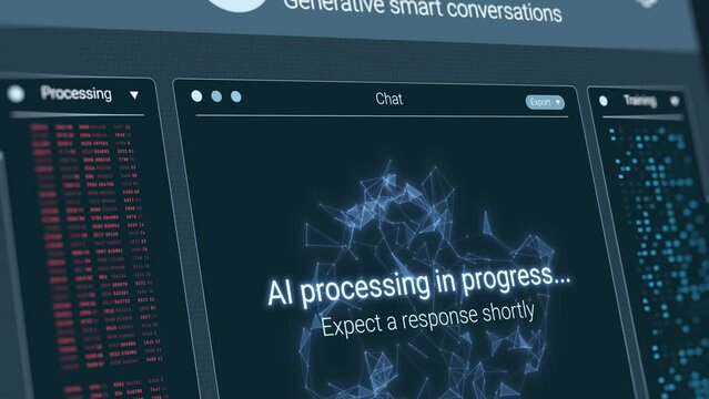 Futuristic chat ai user interface in action, artificial intelligence system, chatting with a bot, dynamics elements, advanced ai technology (3d render)