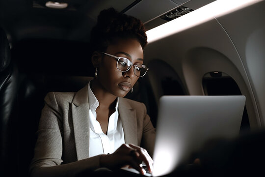 African american businesswoman with laptop on airplane seated in business class. Generative AI.