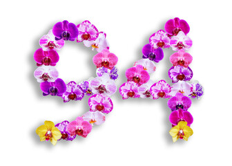 The shape of the number 94 is made of various kinds of orchid flowers. suitable for birthday, anniversary and memorial day templates