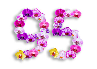 The shape of the number 95 is made of various kinds of orchid flowers. suitable for birthday, anniversary and memorial day templates