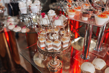 Fototapeta na wymiar A delicious wedding. Candy bar for a banquet. Celebration concept. Fashionable desserts. A table with various sweets, candies. Fruits, cakes, macaroons, meringues