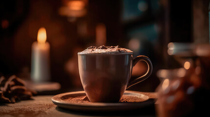 Illustration of a cup of hot chocolate with a blurry environment, creating a cozy atmosphere. Generative AI